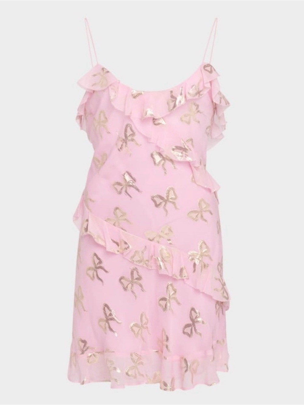 LoveShackFancy Lomina Bow Ruffle Chiffon Minidress in light pink / gold bows